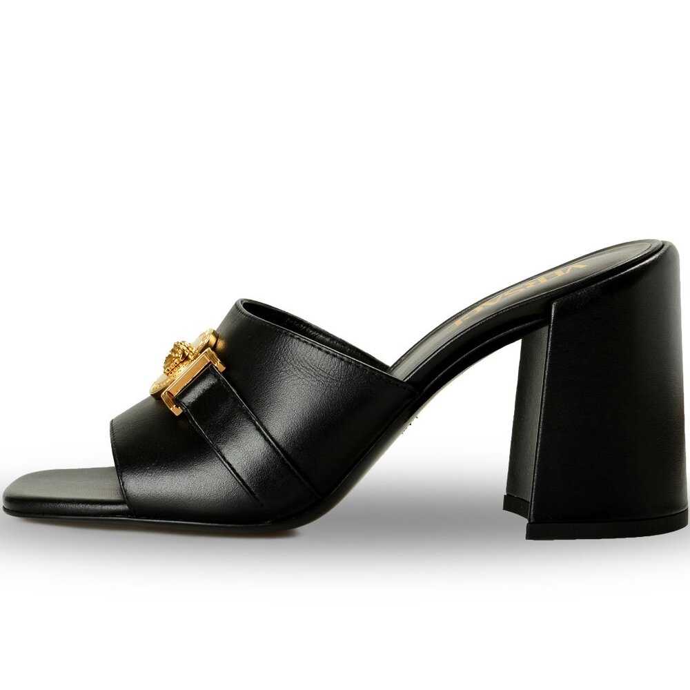Versace Women's Black 100% Leather Gold Medusa Mules Sandals Shoes US 7 IT 37 - Picture 2 of 8